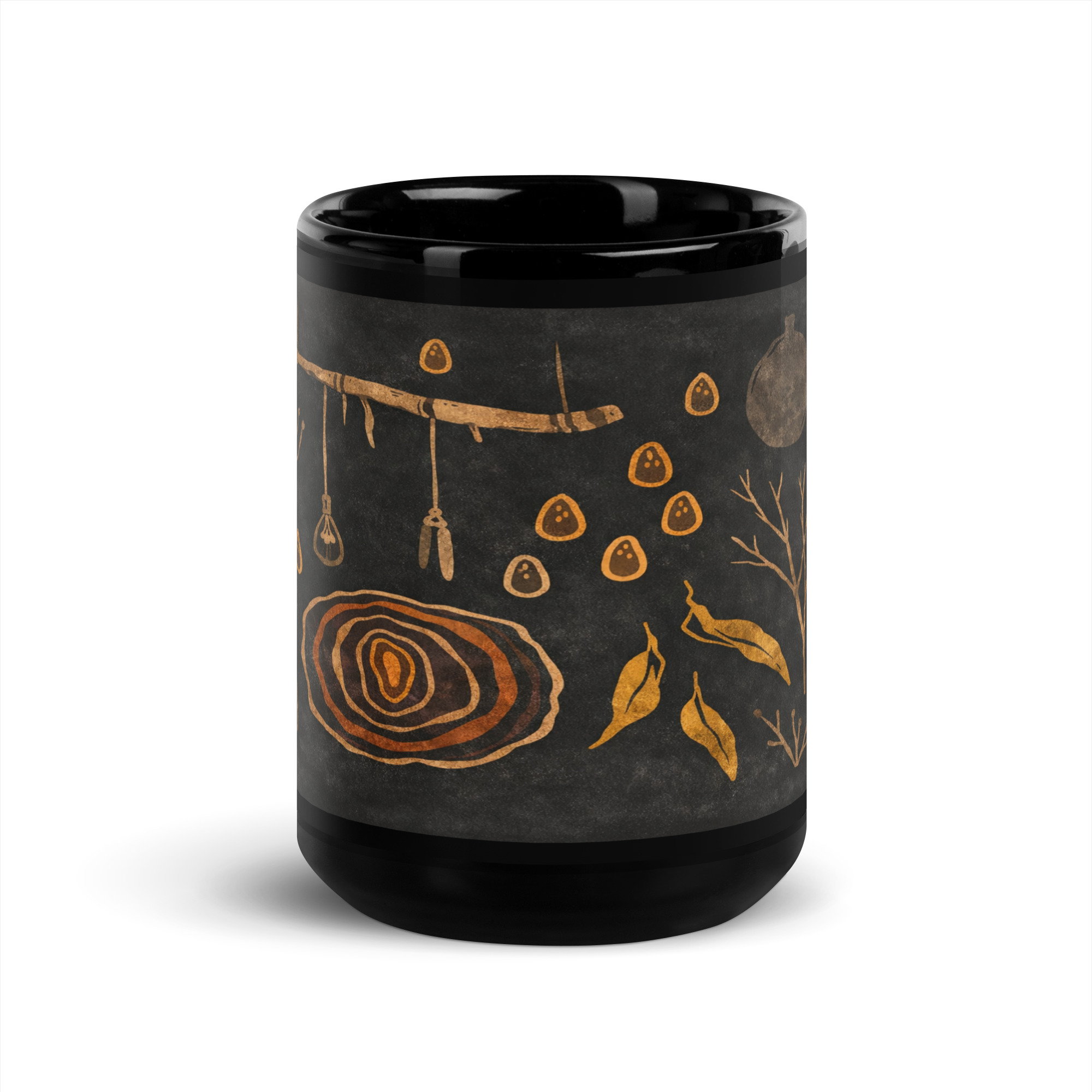 Schwarze Keramiktasse mit japanisch inspiriertem Wabi-Sabi Muster in warmen Naturtönen, erhältlich in 330 ml oder 440 ml Schwarze Keramiktasse mit japanisch inspiriertem Wabi-Sabi Muster in warmen Naturtönen, erhältlich in 330 ml oder 440 ml