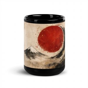 Schwarze Keramiktasse mit japanisch inspiriertem Fuji-Motiv, roter Sonne und expressiver Wellen- oder Tuscheform, erhältlich in 330 ml oder 440 ml