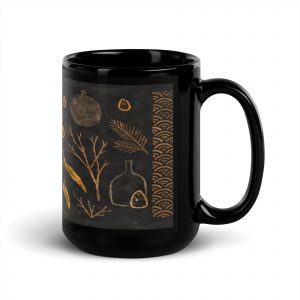 Schwarze Keramiktasse mit japanisch inspiriertem Wabi-Sabi Muster in warmen Naturtönen, erhältlich in 330 ml oder 440 ml