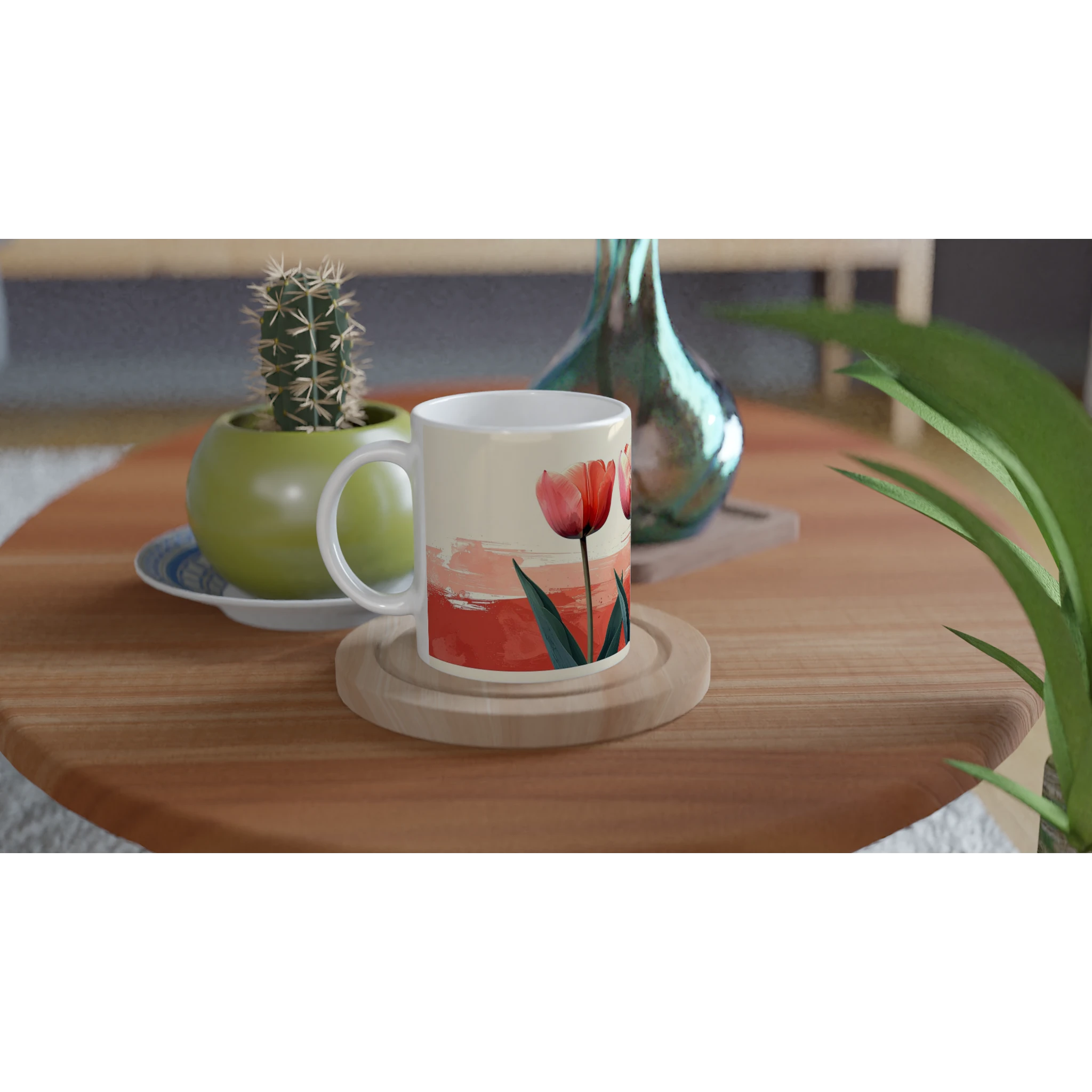 Moderne Tulpen Tasse 330 ml mit Terracotta-Farbstrich und minimalistischem Blumenmotiv Moderne Tulpen Tasse 330 ml mit Terracotta-Farbstrich und minimalistischem Blumenmotiv