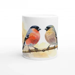 Keramiktasse mit zwei Dompfaffen auf Zweig im Aquarellstil