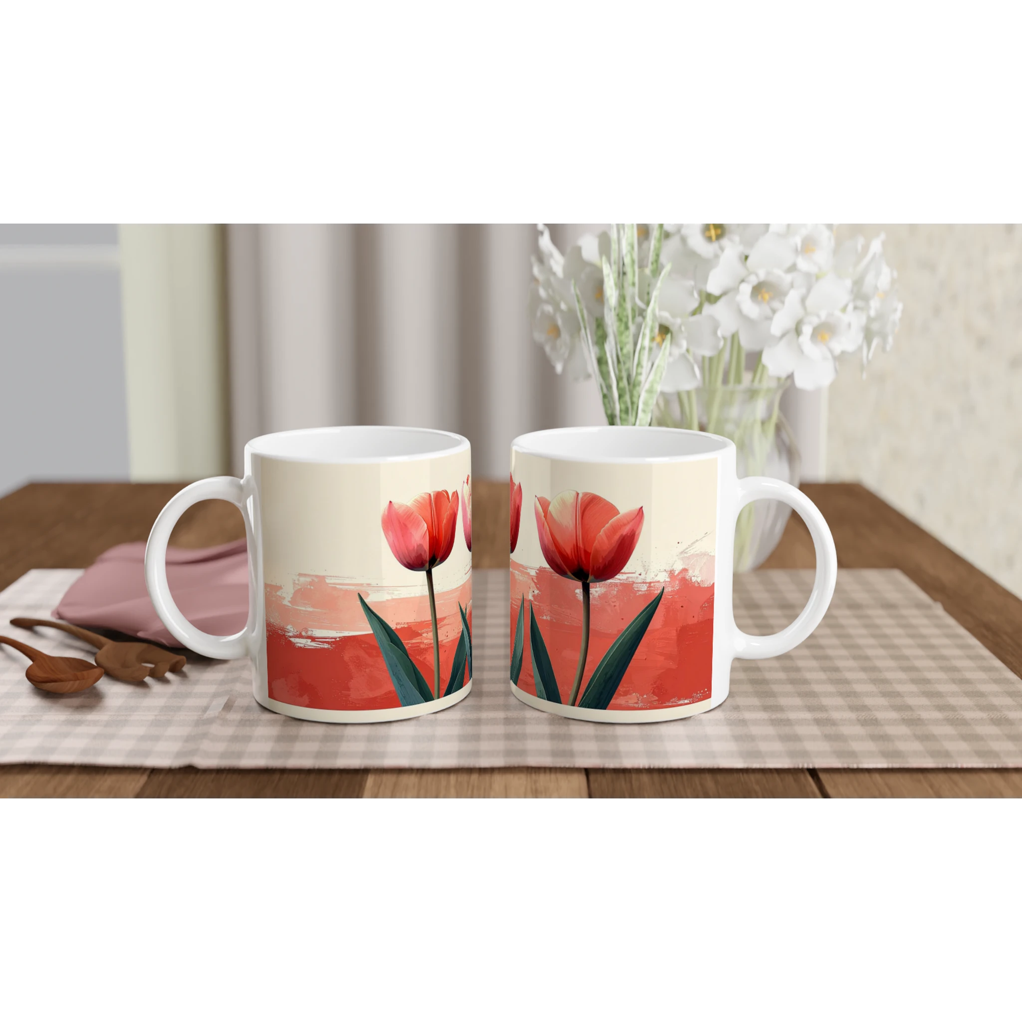 Moderne Tulpen Tasse 330 ml mit Terracotta-Farbstrich und minimalistischem Blumenmotiv Moderne Tulpen Tasse 330 ml mit Terracotta-Farbstrich und minimalistischem Blumenmotiv