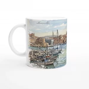 Marseille Tasse 330 ml mit Hafen, Booten, Altstadthäusern und mediterranem Stadtpanorama im Aquarellstil