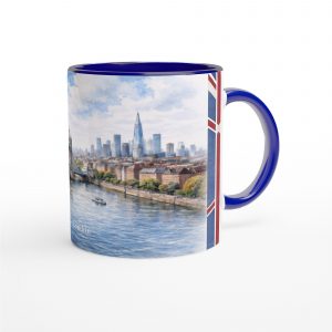 London Aquarell Tasse 330 ml mit Tower Bridge, Themse und Skyline im ruhigen urbanen Aquarellstil, erhältlich in Weiß, Blue Edition oder Red Edition
