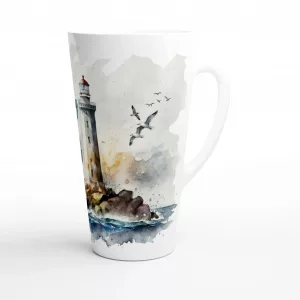 Beständig im Sturm Latte Tasse 440 ml mit Leuchtturm, Möwen und Brandung im maritimen Aquarellstil