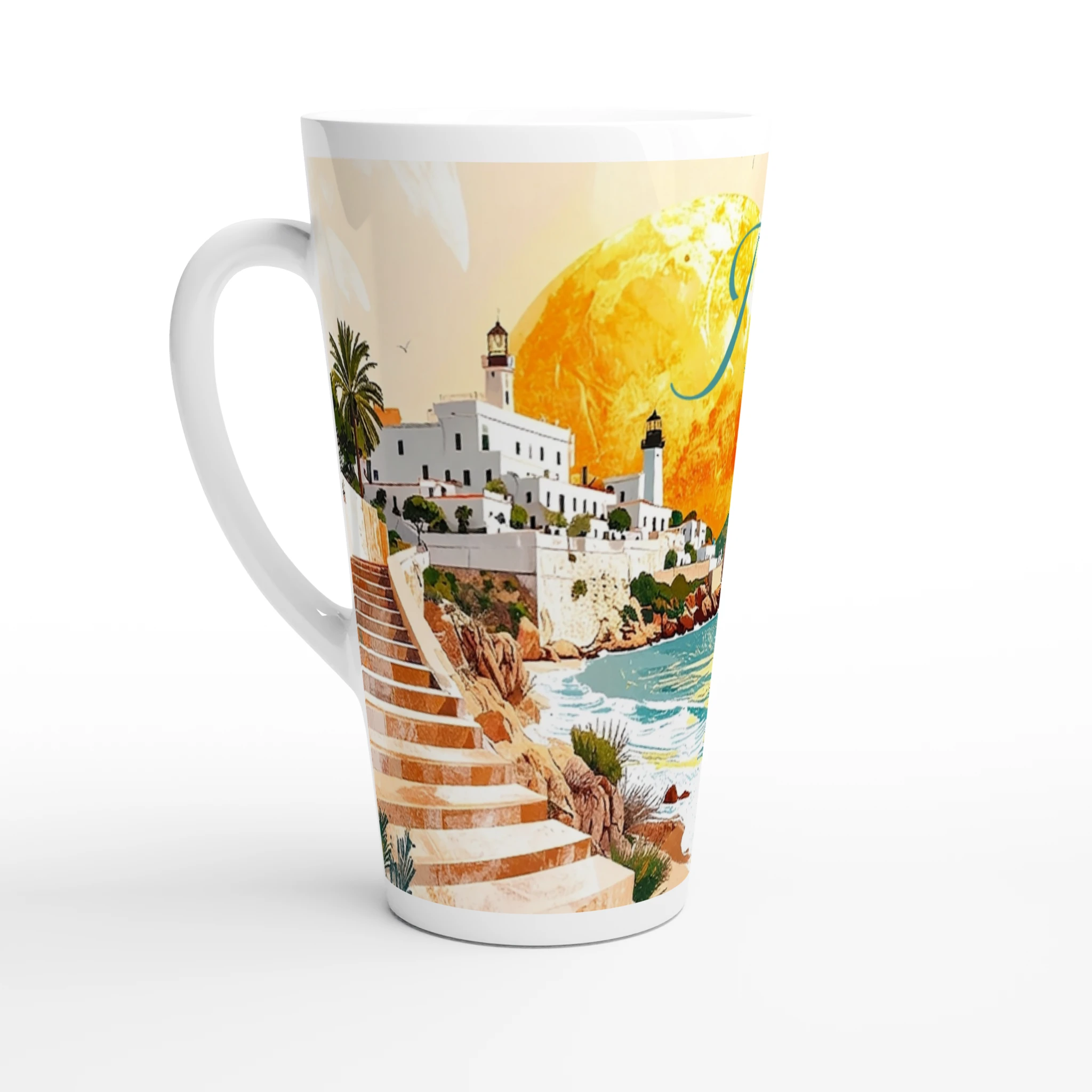 Ibiza Latte Tasse 440 ml mit stilisierter Küstenszene, Leuchtturm, weißer Architektur, türkisfarbenem Meer, großer goldener Sonne und Schriftzug Pure Vida Ibiza Ibiza Latte Tasse 440 ml mit stilisierter Küstenszene, Leuchtturm, weißer Architektur, türkisfarbenem Meer, großer goldener Sonne und Schriftzug Pure Vida Ibiza