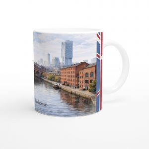 Manchester Aquarell Tasse 330 ml aus der Serie English City Portraits mit Kanal, Backsteinfassaden, Brücke und historischer Industriearchitektur