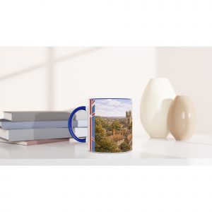 Canterbury Aquarell Tasse 330 ml aus der Serie English City Portraits mit Altstadt, Fachwerkhäusern, Kathedrale und dezenten England-Flaggenelementen