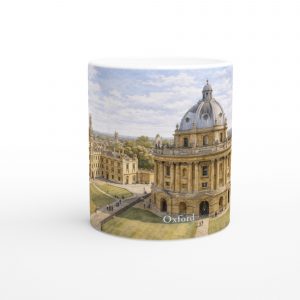 Oxford Aquarell Tasse 330 ml aus der Serie English City Portraits mit Radcliffe Camera, Colleges, Altstadt und dezenten England-Flaggenelementen