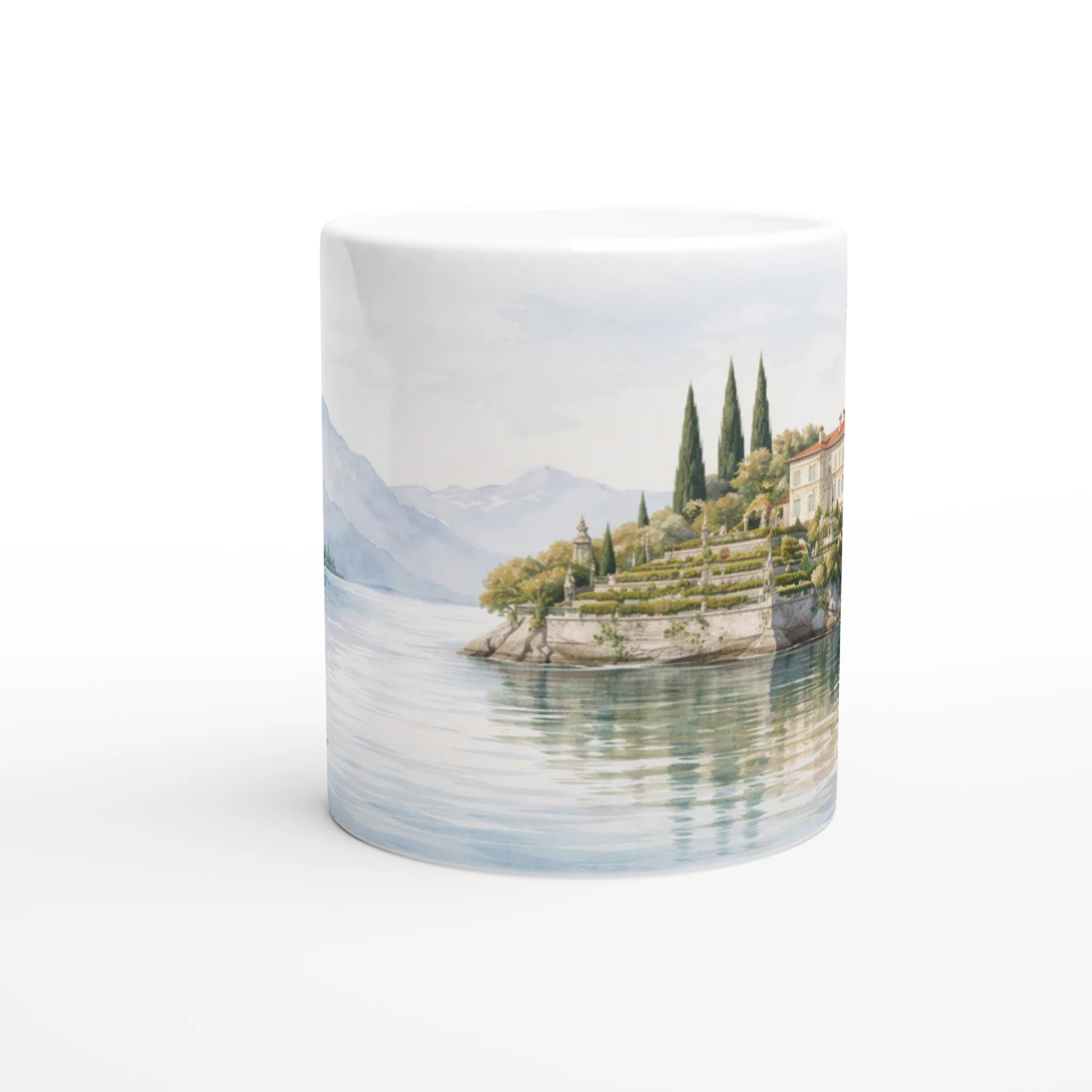 Lago Maggiore Tasse 330ml mit italienischer Villa, Zypressen und ruhiger Seelandschaft als Rundumgrafik Lago Maggiore Tasse 330ml mit italienischer Villa, Zypressen und ruhiger Seelandschaft als Rundumgrafik