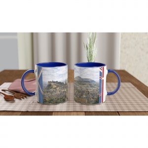 Edinburgh Aquarell Tasse 330 ml aus der Serie British City Portraits mit Castle, Altstadt, Kirchtürmen, Hügeln und dezenten schottischen Flaggenelementen
