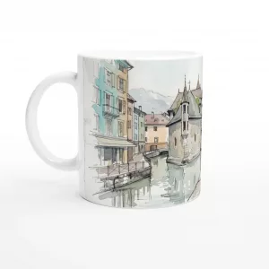Annecy Tasse 330 ml mit Kanal, pastellfarbenen Altstadthäusern und historischem Bauwerk im Aquarellstil