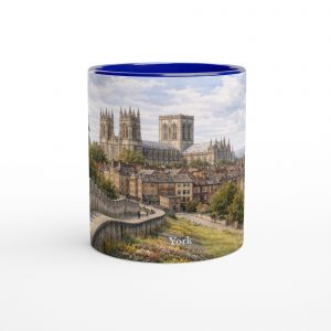 York Aquarell Tasse 330 ml aus der Serie English City Portraits mit Stadtmauer, Altstadt, York Minster und dezenten England-Flaggenelementen
