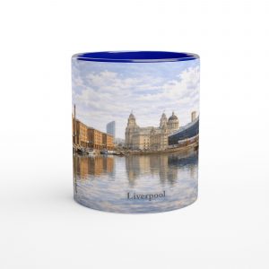Liverpool Aquarell Tasse 330 ml aus der Serie English City Portraits mit Waterfront, Albert Dock, Skyline und dezenten England-Flaggenelementen