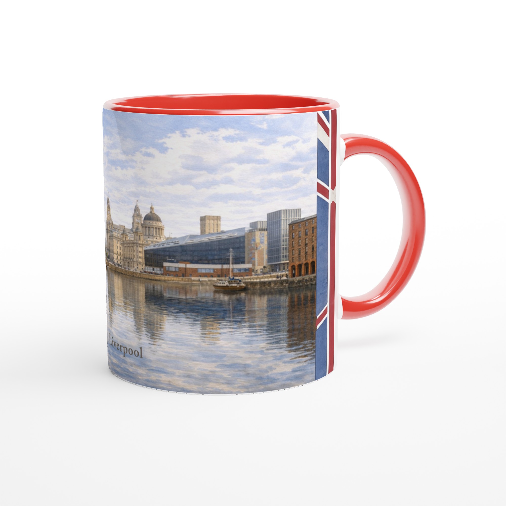 Liverpool Aquarell Tasse 330 ml aus der Serie English City Portraits mit Waterfront, Albert Dock, Skyline und dezenten England-Flaggenelementen Liverpool Aquarell Tasse 330 ml aus der Serie English City Portraits mit Waterfront, Albert Dock, Skyline und dezenten England-Flaggenelementen