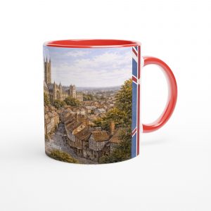 Canterbury Aquarell Tasse 330 ml aus der Serie English City Portraits mit Altstadt, Fachwerkhäusern, Kathedrale und dezenten England-Flaggenelementen