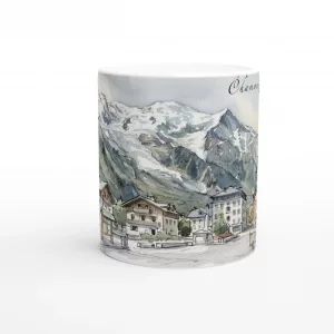 Chamonix Tasse 330 ml mit Alpenpanorama, Bergdorf und schneebedeckter Bergkulisse im Aquarellstil