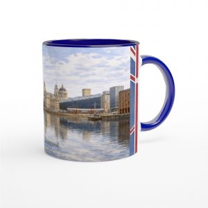 Liverpool Aquarell Tasse 330 ml aus der Serie English City Portraits mit Waterfront, Albert Dock, Skyline und dezenten England-Flaggenelementen