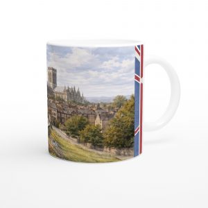 York Aquarell Tasse 330 ml aus der Serie English City Portraits mit Stadtmauer, Altstadt, York Minster und dezenten England-Flaggenelementen