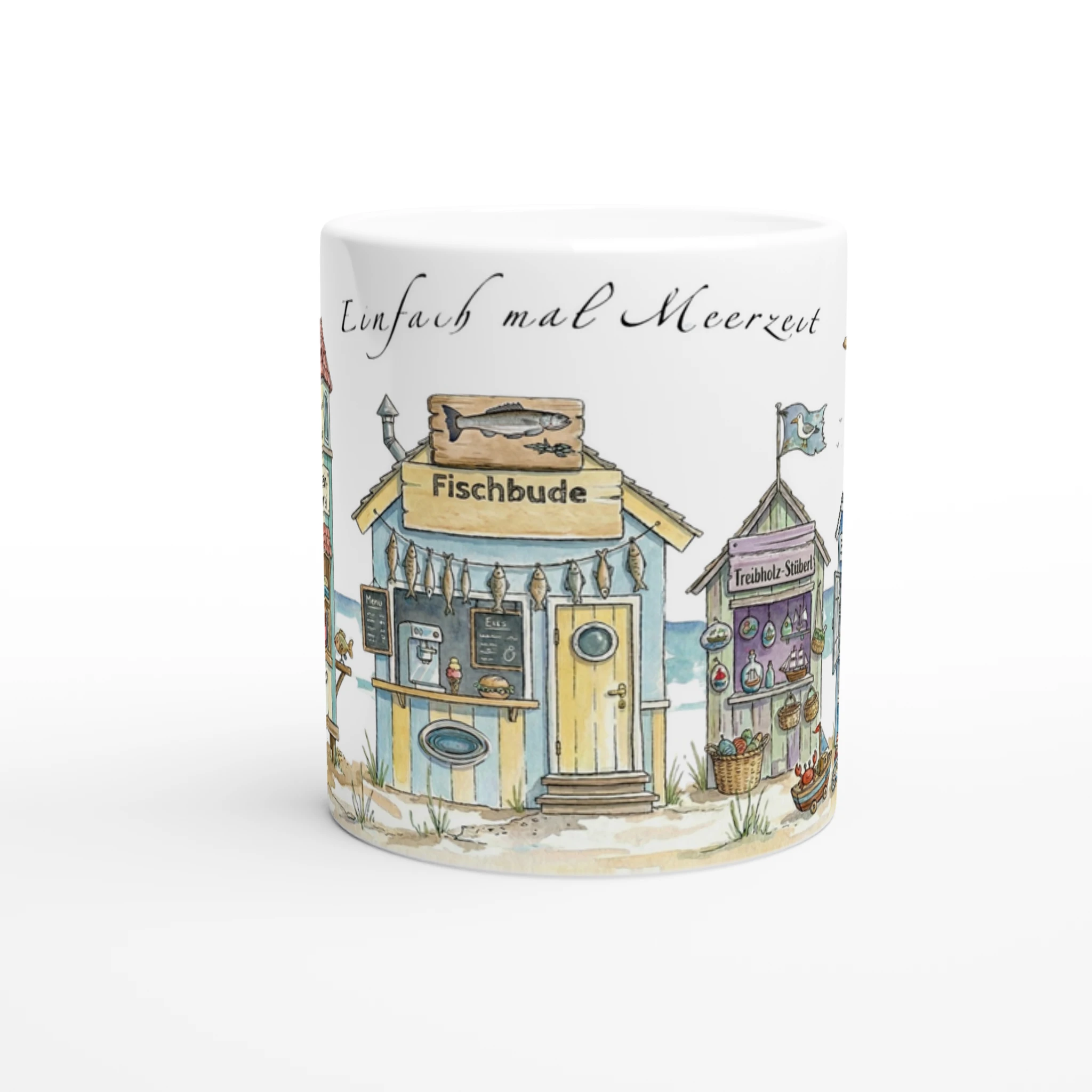 Meerzeit Tasse 330 ml mit maritimen Strandbuden im Aquarellstil, erhältlich in Weiß sowie mit gelber, rosa oder grüner Innenfläche und Henkel Meerzeit Tasse 330 ml mit maritimen Strandbuden im Aquarellstil, erhältlich in Weiß sowie mit gelber, rosa oder grüner Innenfläche und Henkel