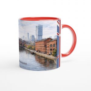 Manchester Aquarell Tasse 330 ml aus der Serie English City Portraits mit Kanal, Backsteinfassaden, Brücke und historischer Industriearchitektur