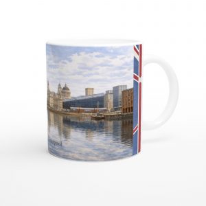 Liverpool Aquarell Tasse 330 ml aus der Serie English City Portraits mit Waterfront, Albert Dock, Skyline und dezenten England-Flaggenelementen