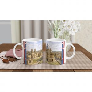Oxford Aquarell Tasse 330 ml aus der Serie English City Portraits mit Radcliffe Camera, Colleges, Altstadt und dezenten England-Flaggenelementen