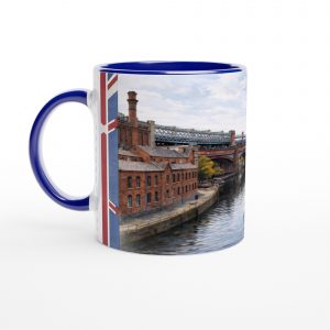 Manchester Aquarell Tasse 330 ml aus der Serie English City Portraits mit Kanal, Backsteinfassaden, Brücke und historischer Industriearchitektur