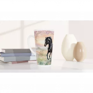 Pferde Latte Tasse 440 ml mit zwei anmutigen Pferden im zarten Aquarellstil vor pastelliger Landschaft