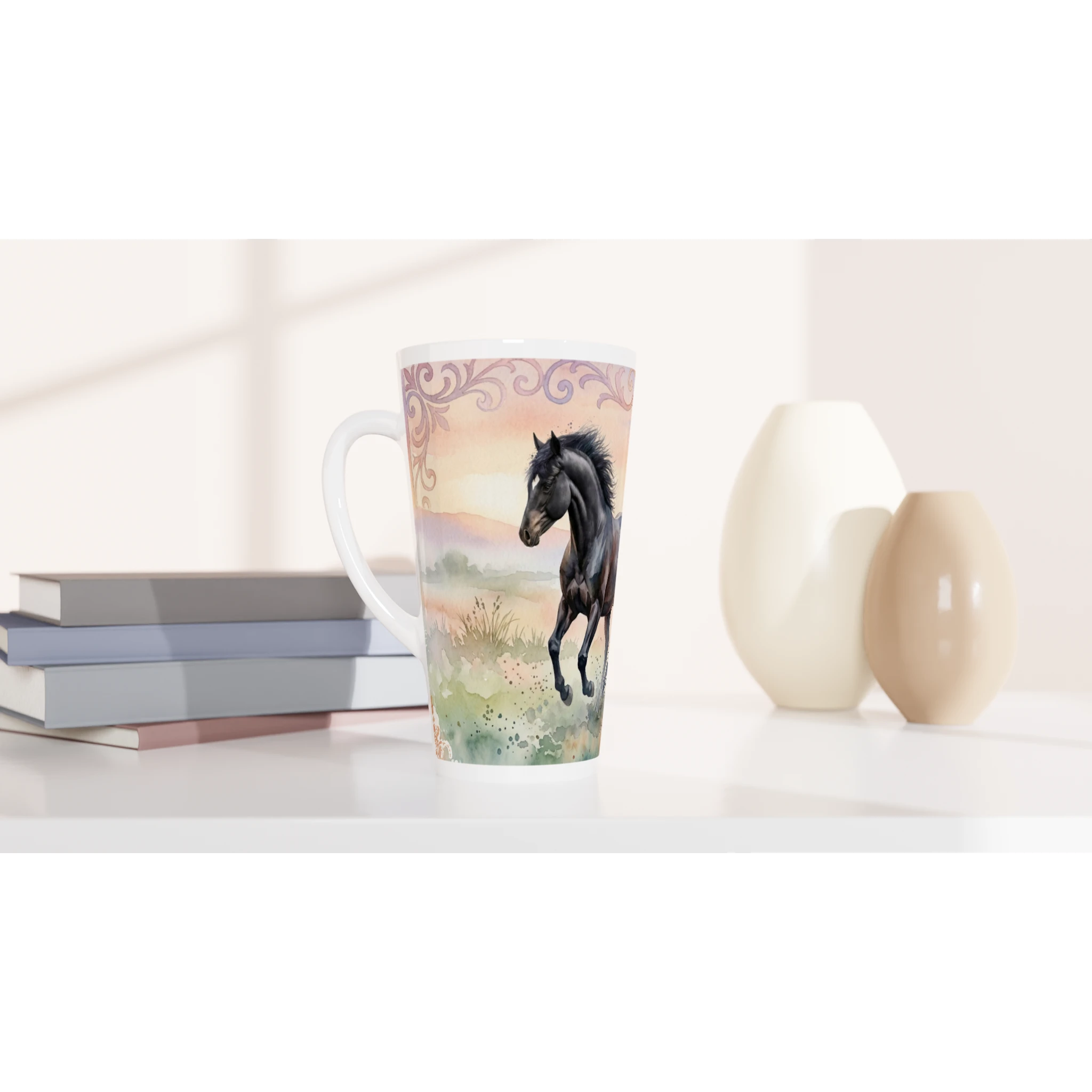 Pferde Latte Tasse 440 ml mit zwei anmutigen Pferden im zarten Aquarellstil vor pastelliger Landschaft Pferde Latte Tasse 440 ml mit zwei anmutigen Pferden im zarten Aquarellstil vor pastelliger Landschaft