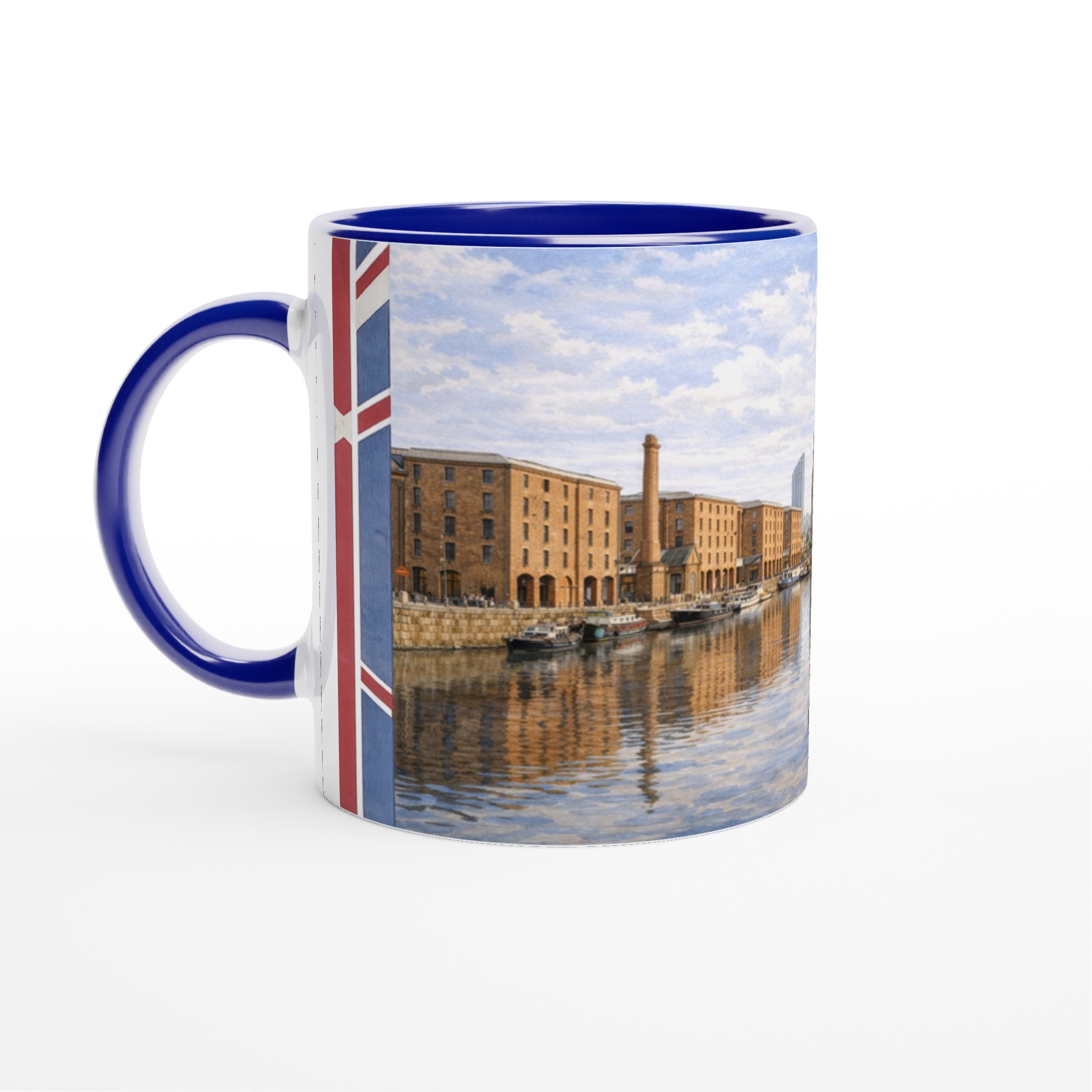 Liverpool Aquarell Tasse 330 ml aus der Serie English City Portraits mit Waterfront, Albert Dock, Skyline und dezenten England-Flaggenelementen Liverpool Aquarell Tasse 330 ml aus der Serie English City Portraits mit Waterfront, Albert Dock, Skyline und dezenten England-Flaggenelementen