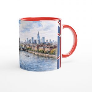 London Aquarell Tasse 330 ml mit Tower Bridge, Themse und Skyline im ruhigen urbanen Aquarellstil, erhältlich in Weiß, Blue Edition oder Red Edition