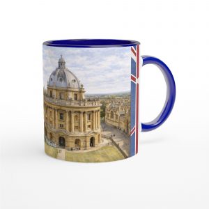 Oxford Aquarell Tasse 330 ml aus der Serie English City Portraits mit Radcliffe Camera, Colleges, Altstadt und dezenten England-Flaggenelementen