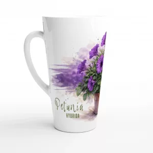 Petunie Latte Tasse 440 ml mit violetten Petunien im Terrakottatopf im botanischen Aquarellstil