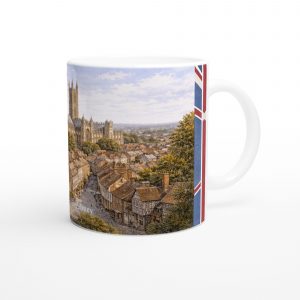 York Aquarell Tasse 330 ml aus der Serie English City Portraits mit Stadtmauer, Altstadt, York Minster und dezenten England-Flaggenelementen