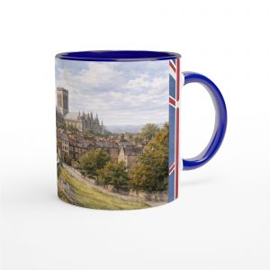 York Aquarell Tasse 330 ml aus der Serie English City Portraits mit Stadtmauer, Altstadt, York Minster und dezenten England-Flaggenelementen