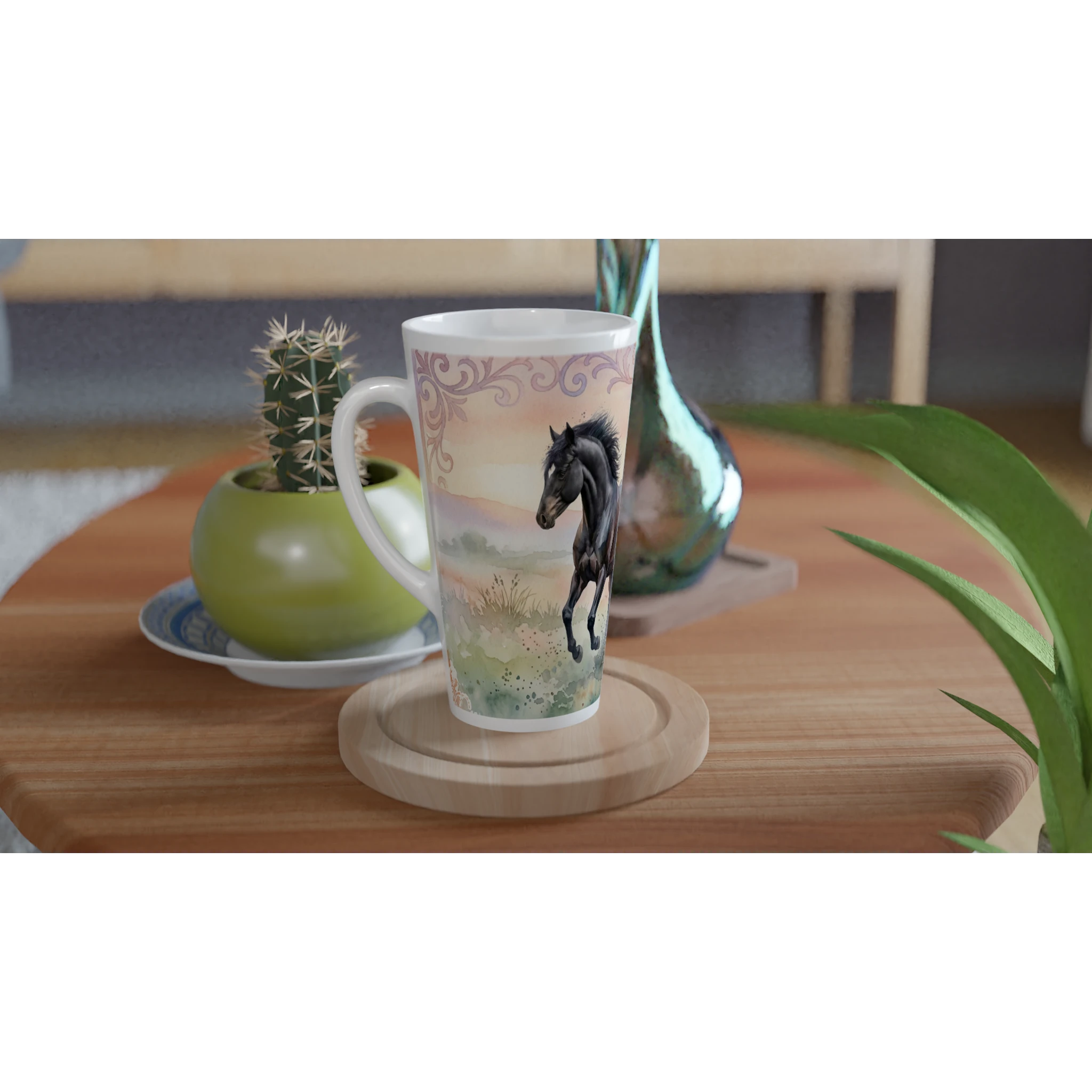 Pferde Latte Tasse 440 ml mit zwei anmutigen Pferden im zarten Aquarellstil vor pastelliger Landschaft Pferde Latte Tasse 440 ml mit zwei anmutigen Pferden im zarten Aquarellstil vor pastelliger Landschaft