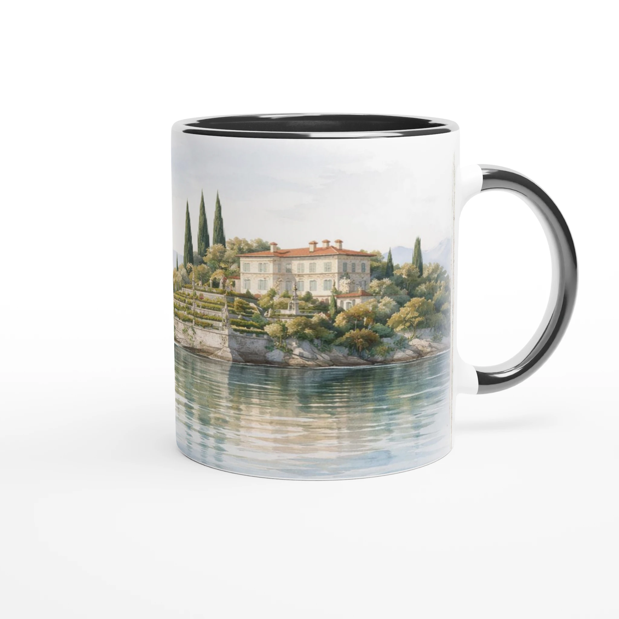 Lago Maggiore Tasse 330ml mit italienischer Villa, Zypressen und ruhiger Seelandschaft als Rundumgrafik Lago Maggiore Tasse 330ml mit italienischer Villa, Zypressen und ruhiger Seelandschaft als Rundumgrafik