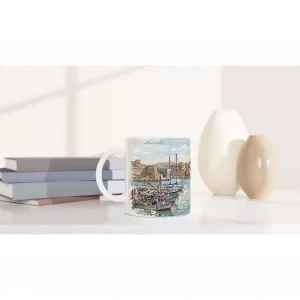 Marseille Tasse 330 ml mit Hafen, Booten, Altstadthäusern und mediterranem Stadtpanorama im Aquarellstil