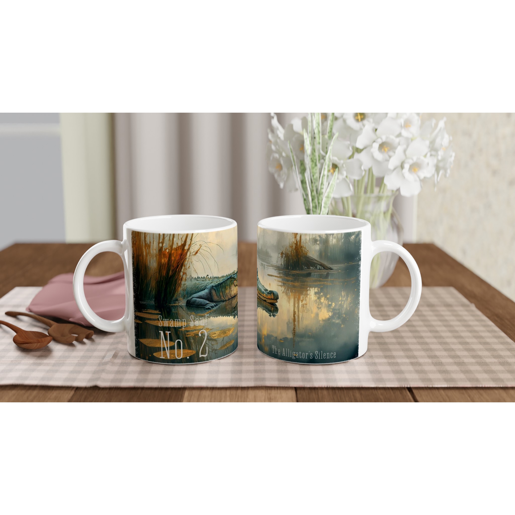 Alligator Tasse 330 ml aus der Serie Swamp Soul mit Alligator im stillen Sumpfwasser, Nebel, Schilf und sanften Spiegelungen Alligator Tasse 330 ml aus der Serie Swamp Soul mit Alligator im stillen Sumpfwasser, Nebel, Schilf und sanften Spiegelungen