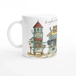 Meerzeit Tasse 330 ml mit maritimen Strandbuden im Aquarellstil, erhältlich in Weiß sowie mit gelber, rosa oder grüner Innenfläche und Henkel