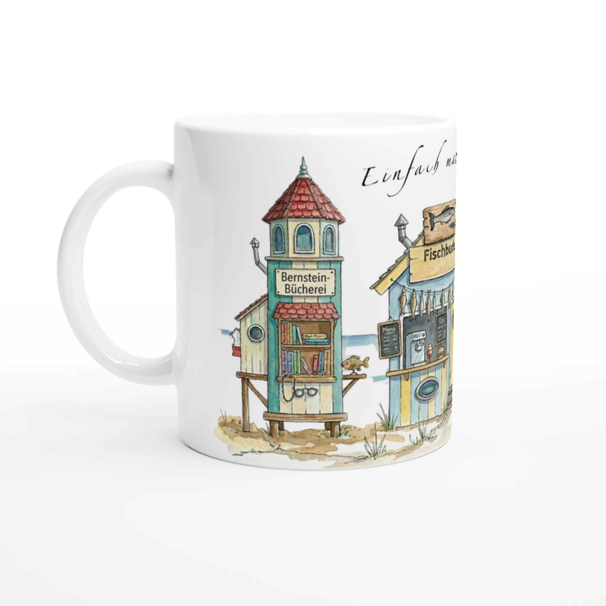 Meerzeit Tasse 330 ml mit maritimen Strandbuden im Aquarellstil, erhältlich in Weiß sowie mit gelber, rosa oder grüner Innenfläche und Henkel Meerzeit Tasse 330 ml mit maritimen Strandbuden im Aquarellstil, erhältlich in Weiß sowie mit gelber, rosa oder grüner Innenfläche und Henkel