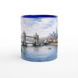 London Aquarell Tasse 330 ml mit Tower Bridge, Themse und Skyline im ruhigen urbanen Aquarellstil, erhältlich in Weiß, Blue Edition oder Red Edition