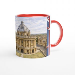 Oxford Aquarell Tasse 330 ml aus der Serie English City Portraits mit Radcliffe Camera, Colleges, Altstadt und dezenten England-Flaggenelementen