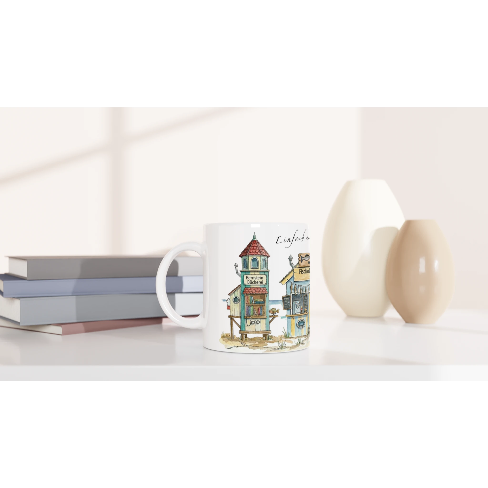 Meerzeit Tasse 330 ml mit maritimen Strandbuden im Aquarellstil, erhältlich in Weiß sowie mit gelber, rosa oder grüner Innenfläche und Henkel Meerzeit Tasse 330 ml mit maritimen Strandbuden im Aquarellstil, erhältlich in Weiß sowie mit gelber, rosa oder grüner Innenfläche und Henkel