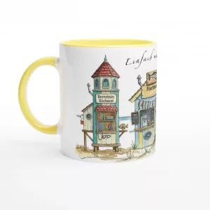 Meerzeit Tasse 330 ml mit maritimen Strandbuden im Aquarellstil, erhältlich in Weiß sowie mit gelber, rosa oder grüner Innenfläche und Henkel