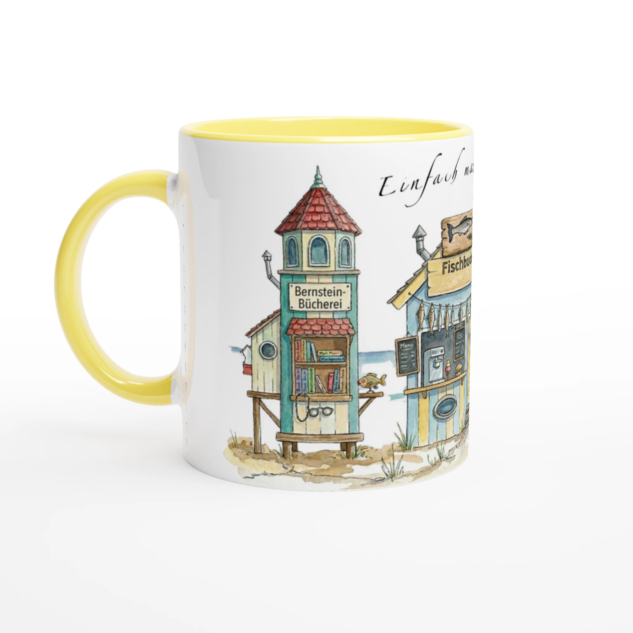 Meerzeit Tasse 330 ml mit maritimen Strandbuden im Aquarellstil, erhältlich in Weiß sowie mit gelber, rosa oder grüner Innenfläche und Henkel Meerzeit Tasse 330 ml mit maritimen Strandbuden im Aquarellstil, erhältlich in Weiß sowie mit gelber, rosa oder grüner Innenfläche und Henkel