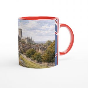York Aquarell Tasse 330 ml aus der Serie English City Portraits mit Stadtmauer, Altstadt, York Minster und dezenten England-Flaggenelementen