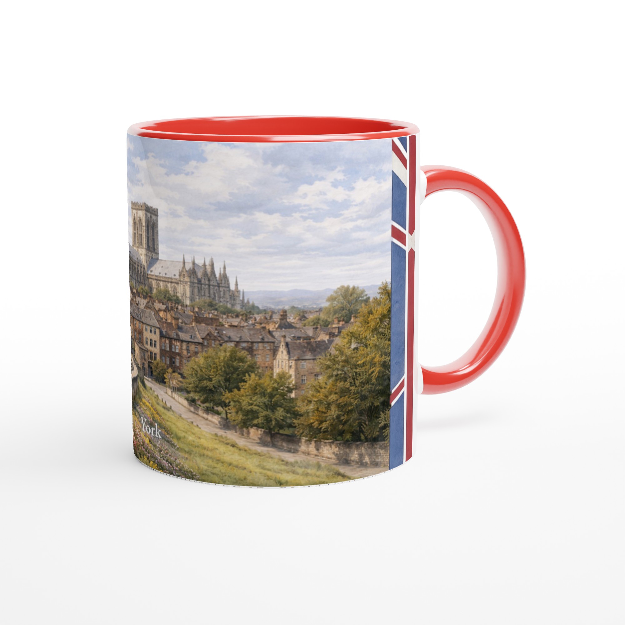 York Aquarell Tasse 330 ml aus der Serie English City Portraits mit Stadtmauer, Altstadt, York Minster und dezenten England-Flaggenelementen York Aquarell Tasse 330 ml aus der Serie English City Portraits mit Stadtmauer, Altstadt, York Minster und dezenten England-Flaggenelementen