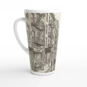 East Village Latte Tasse 440 ml mit gezeichneter New Yorker Straßenszene, Feuerleitern, Record Shop und Urban-Sketch-Optik